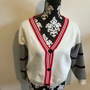 Stylish White and Black Women's Sweater with Red Accents